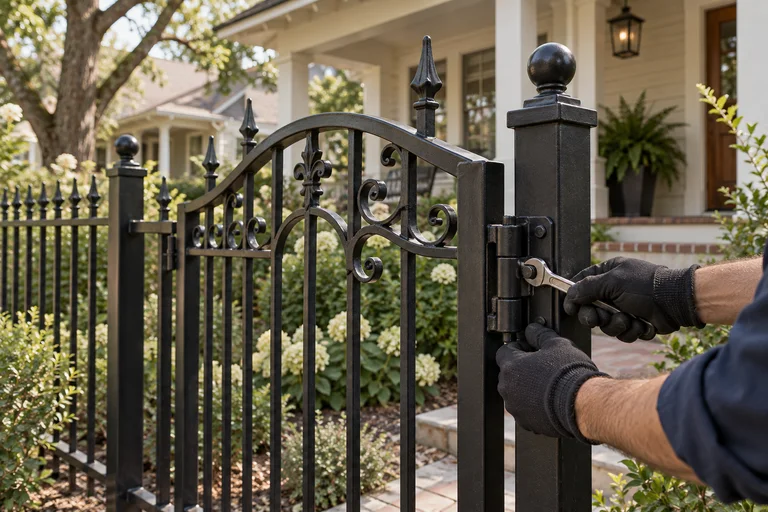 A custom iron gate and fence beside a Houston Heights bungalow.