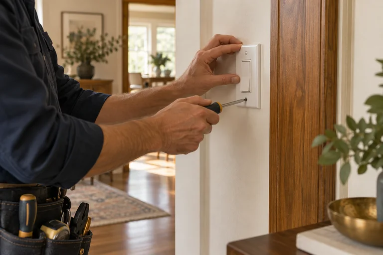 Electrical work on a wall switch with organized tools.