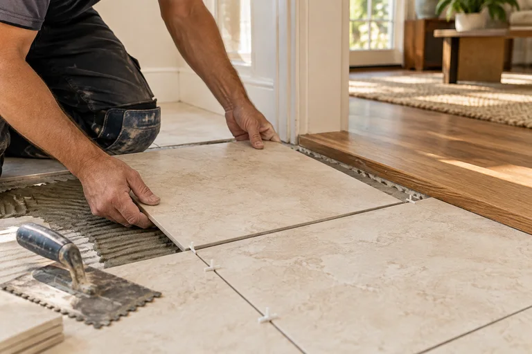 Warm stone-colored tiles being carefully aligned.