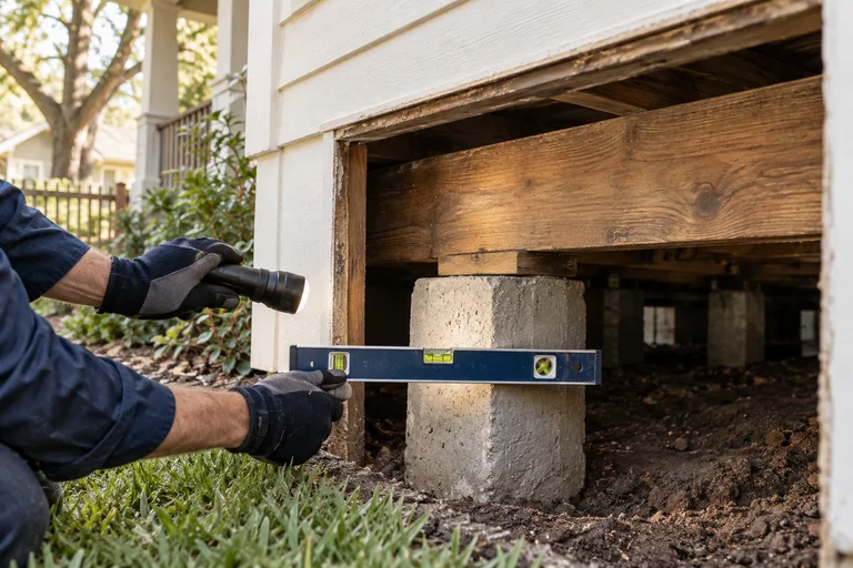 A foundation inspection beneath a Houston bungalow.