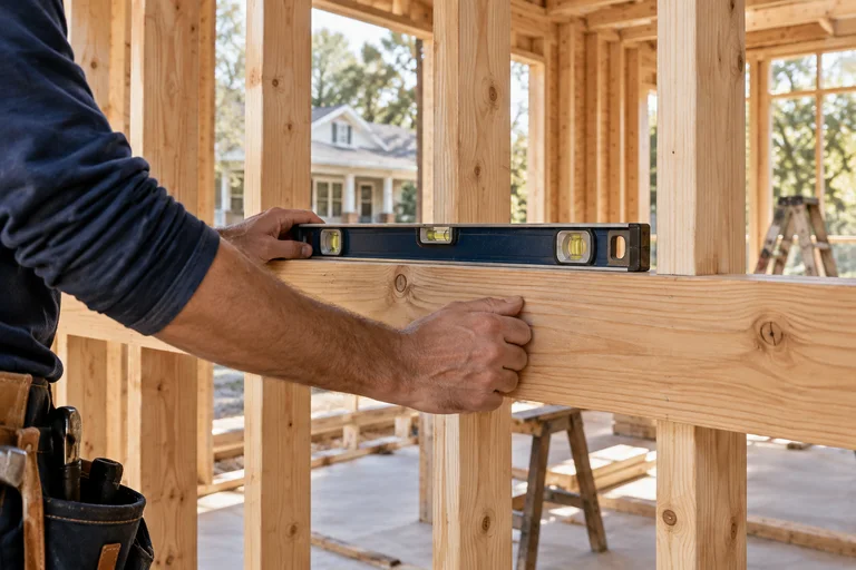 Carpenter checking timber wall framing with a level.