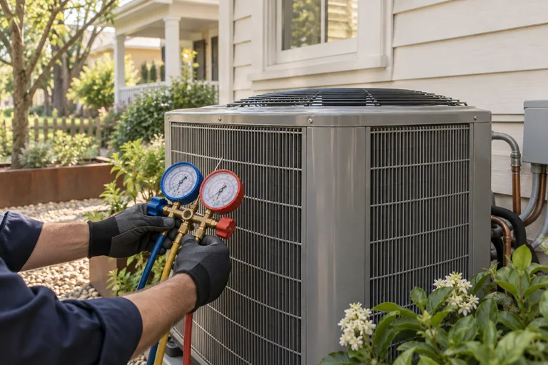 Residential air-conditioning service beside a Houston bungalow.