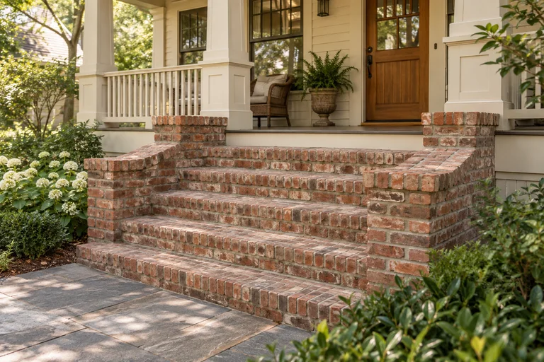 Custom front steps in antique-style brick leading to a Houston Heights bungalow.