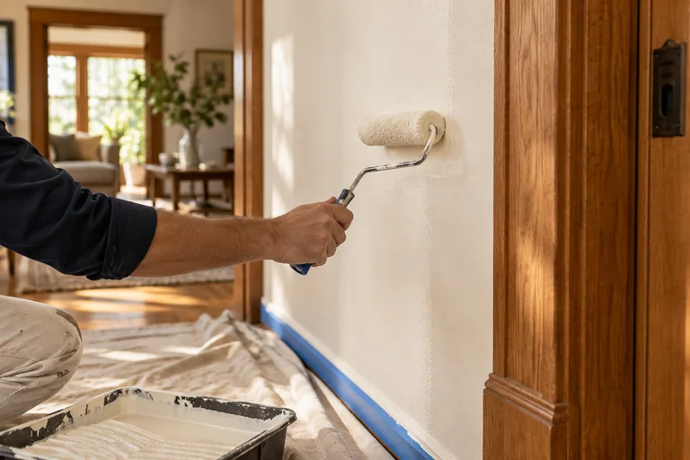 A fresh ivory paint finish beside warm oak trim.