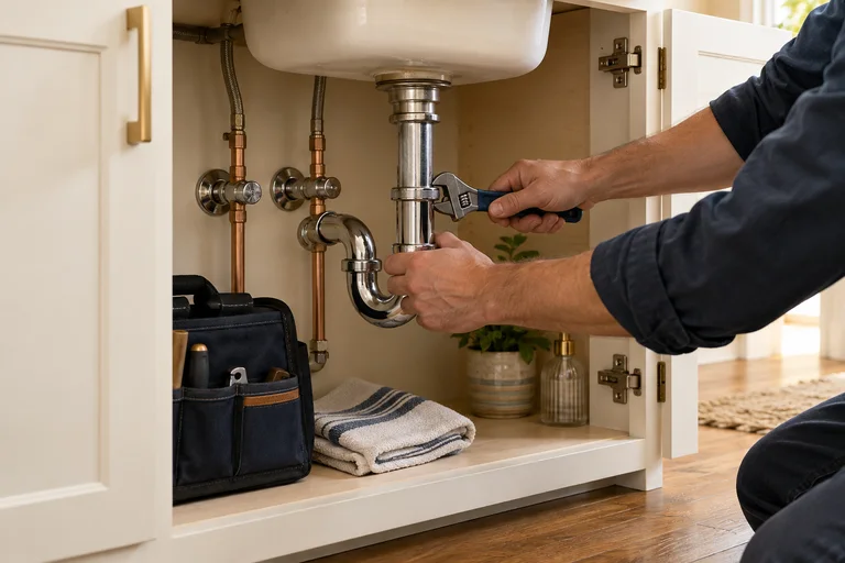 Plumbing tools and sink fittings in a warm ivory kitchen.