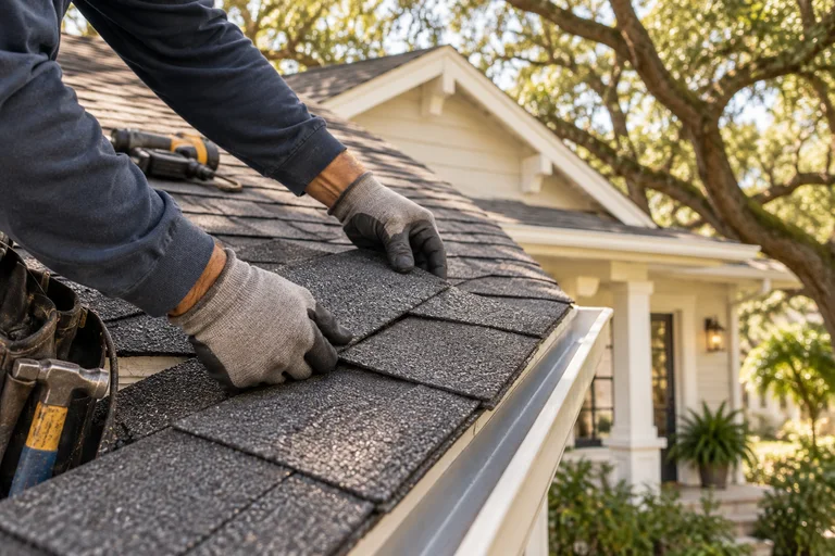 Careful roofing work on charcoal shingles.