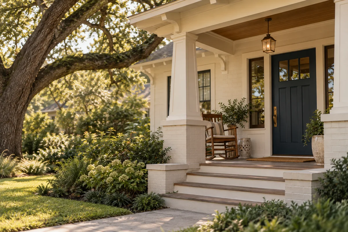 A welcoming Houston Heights bungalow porch and garden.